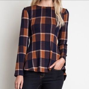 Umgee Peplum Plaid Long Sleeve Top